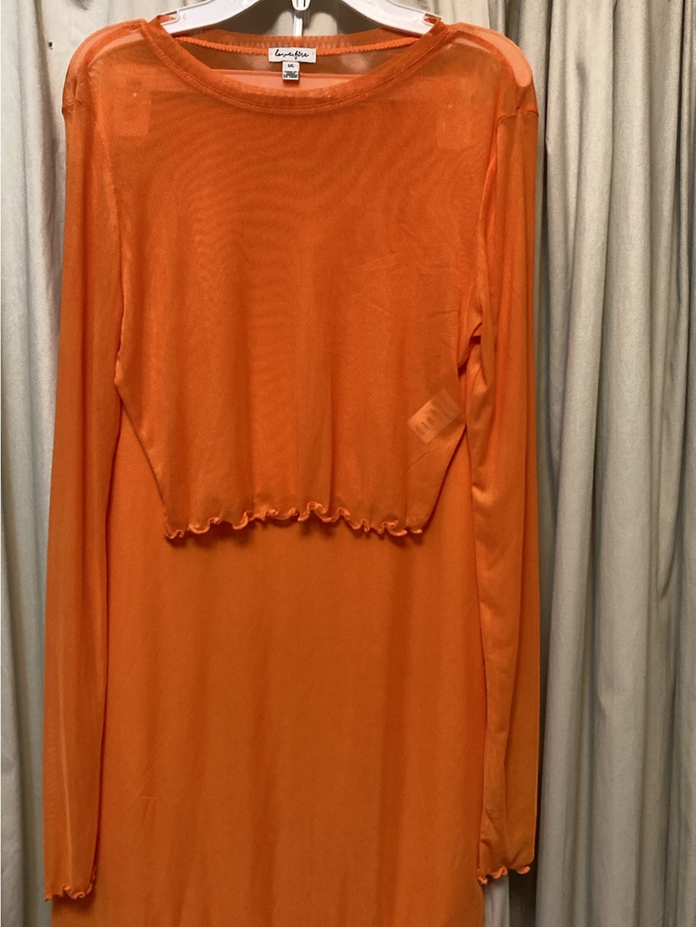 love, fire Sheer, Bright Orange Layered Long-Sleeve Cropped Top, Straight Skirt
